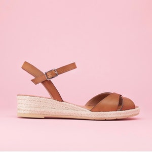 Espadrilles wedge leather beige, Sandals woman cord wedge camel, sandals small heel leather camel