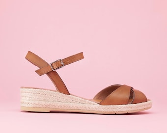 Espadrilles wedge leather beige, Sandals woman cord wedge camel, sandals small heel leather camel