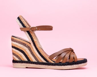 Beige Leder-Keilsandalen für Damen, Keilsandalen aus Leder mit Seileinfassung, Keilsandalen aus Leder, Keilsandalen aus Naturleder mit Seileinfassung