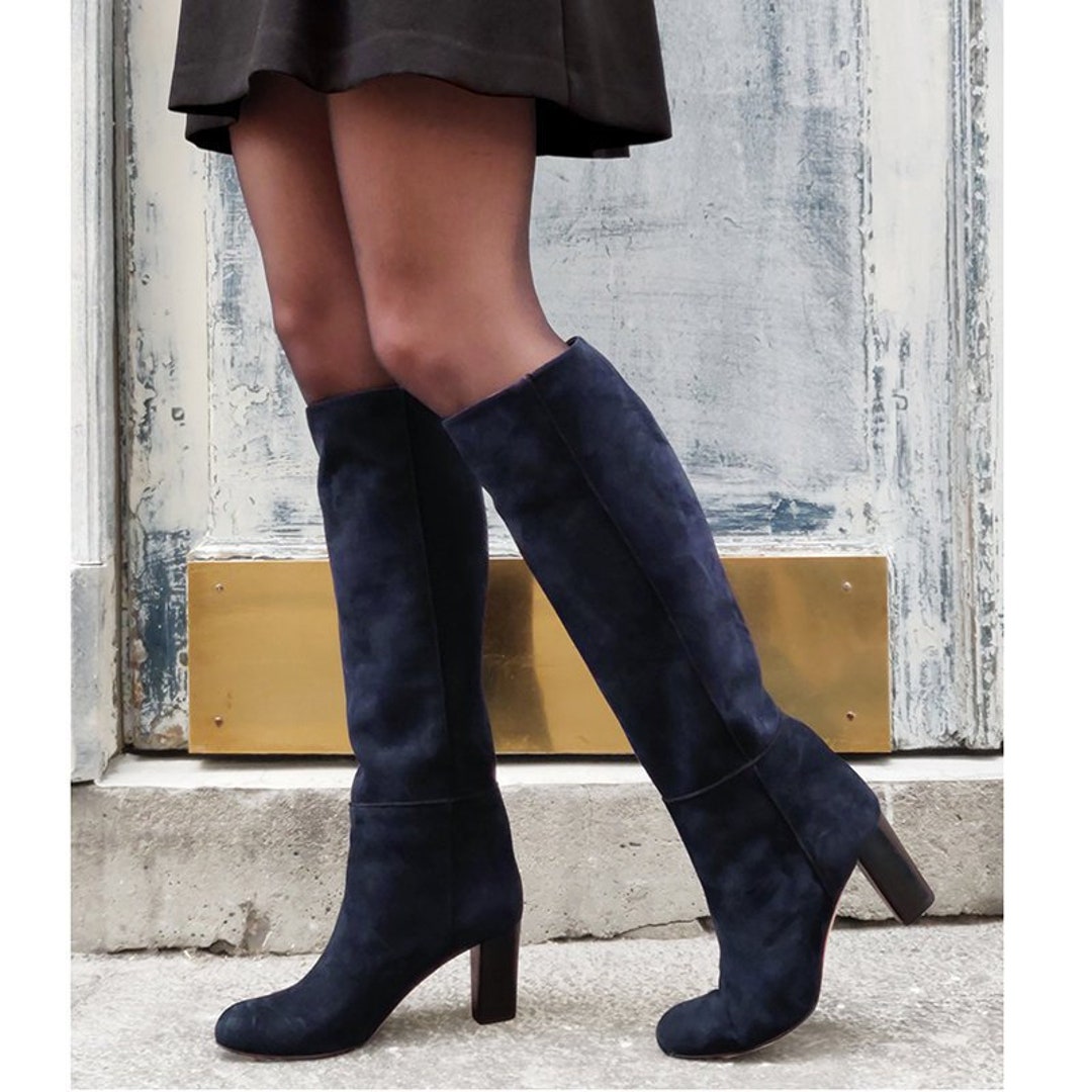 Navy Blue Suede Leather Knee High Boots 