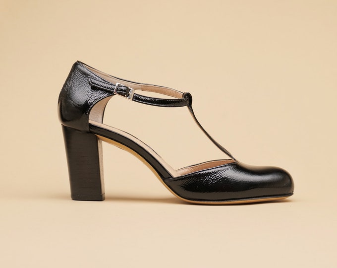 T Strap Black Leather Shoes, Black Patent Leather T Strap Heel, Handmade in Italy Pumps, Black