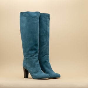 Teal blue suede leather knee high boots, women high boots, green blue leather High boots, Women blue leather boots, heel suede high boots