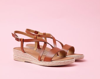Low heel wedge espadrilles in camel leather , Cord wedge sandals in leather, low heel leather summer sandal