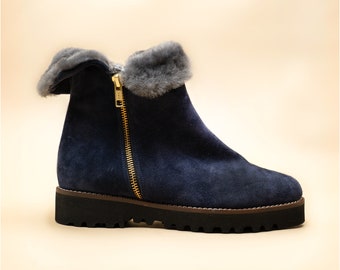 Sheepskin lined ankle boots, navy blue leather fur boots, woman sheep lined ankle boots, woman fur booties, woman ankle booties
