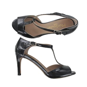 Black patent open toe pump, Black leather T strap sandal, Women black leather sandal, Handmade in Italy, Women cocktail shoes, Sydney