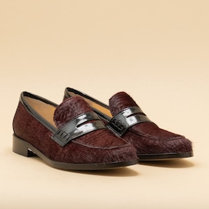 Burgundy pony leather woman loafers, Woman leather loafers, bicolore woman loafers