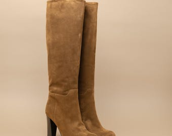 Dark brown suede knee high boots, women chocolate brown knee high boots, Brown leather high boots, Women leather booties, Winter high boots