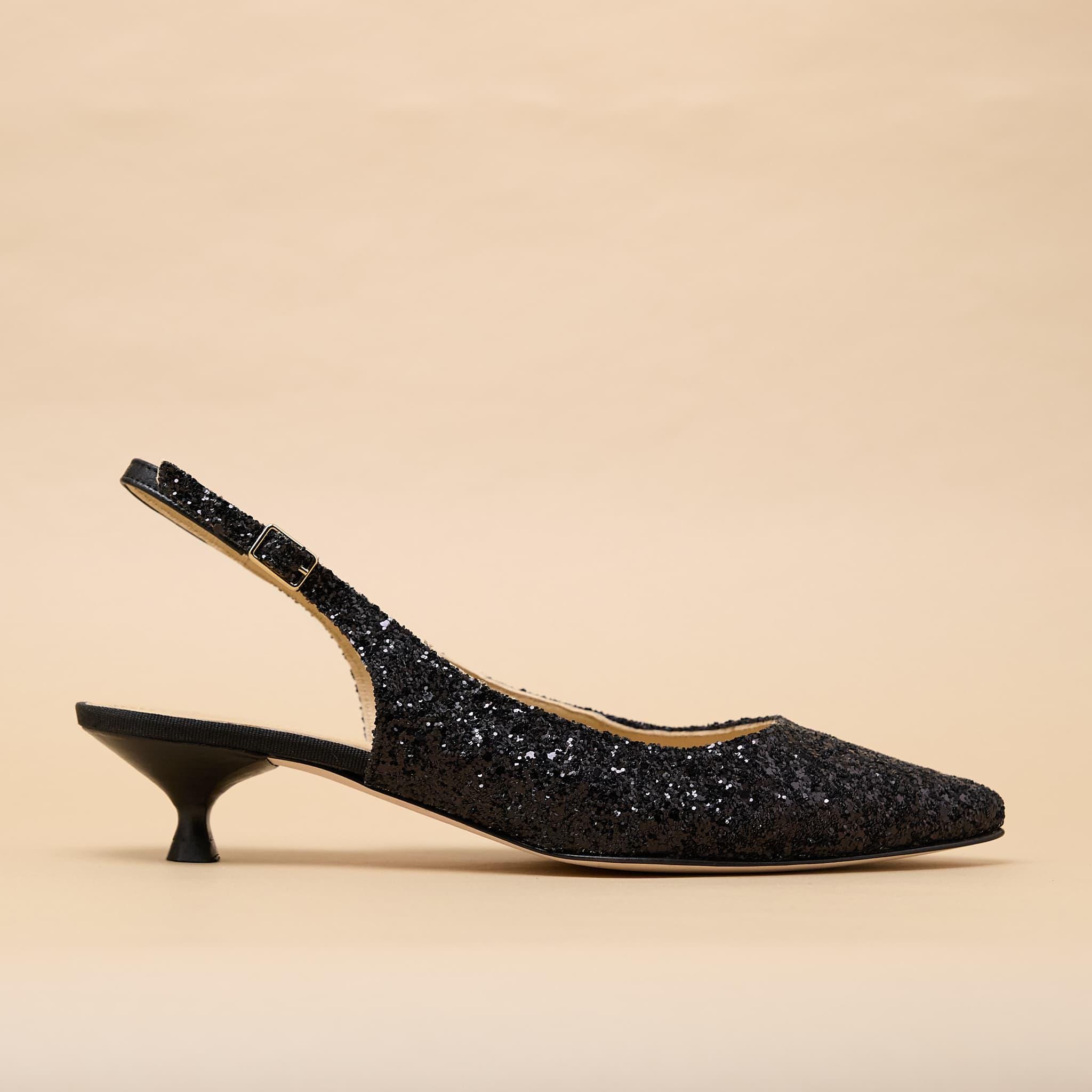 Black Leather Glitter Pointy Kitten Heel Pump, Black Glitter Kitten ...