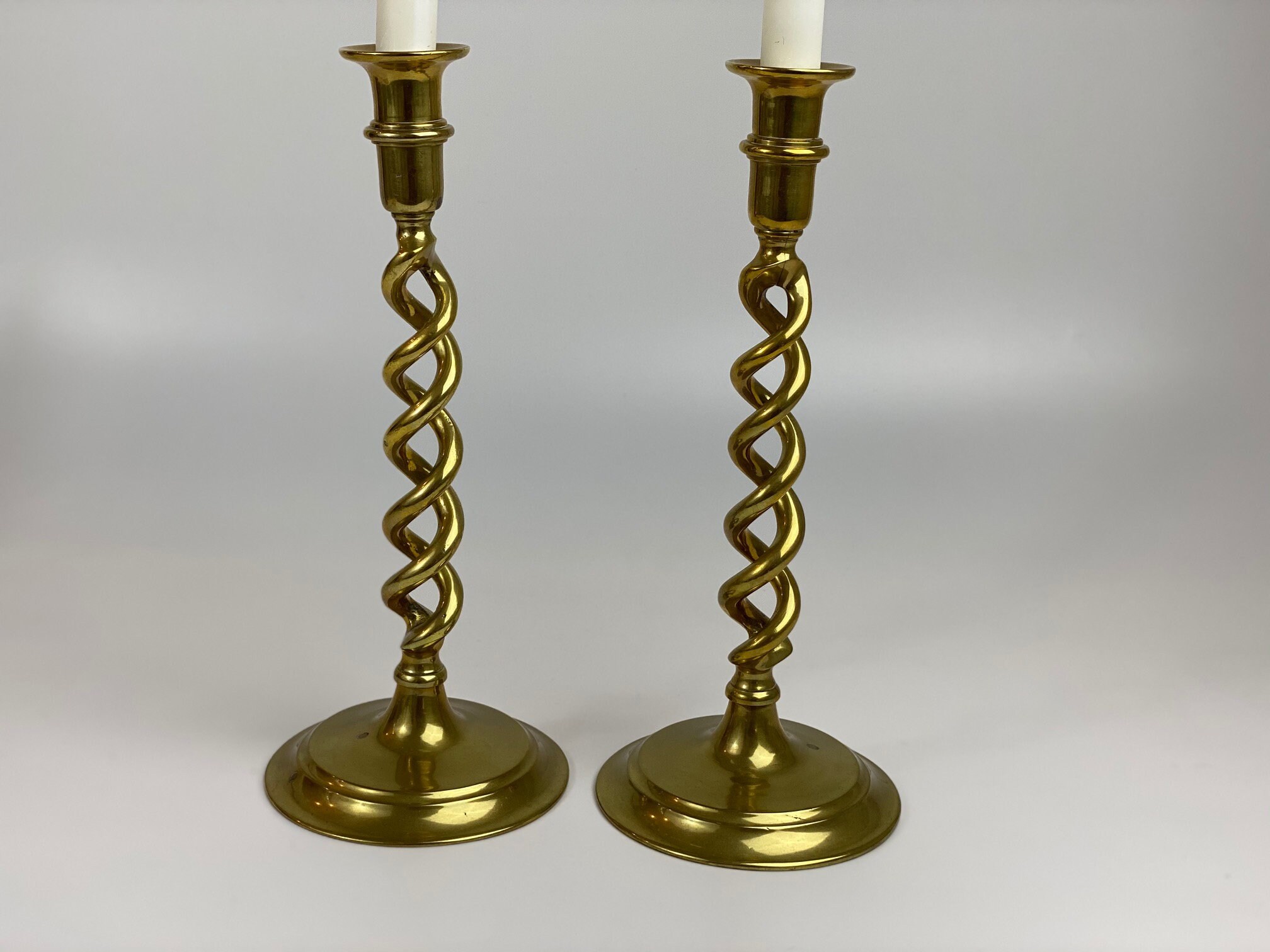 Pair of Large, English, Antique, Open Barley Twist Brass Candlesticks for  Standard-size Candles. 