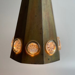 Erik Hoglund and Hans Bergstrom for Atelje Lyktan - Swedish copper pendant with 8 glass ornaments, Scandinavian lighting Mid Century Modern
