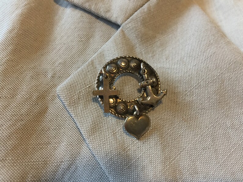 anchor and heart 1930s Norwegian so called solje hope and love silver brooch Faith 830 silver circle with dangling silver cross