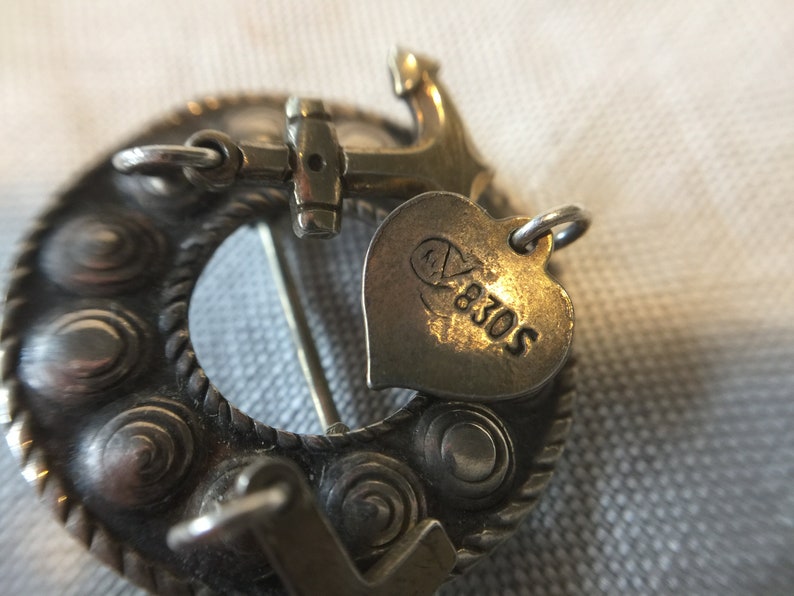 anchor and heart 1930s Norwegian so called solje hope and love silver brooch Faith 830 silver circle with dangling silver cross