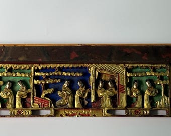 Antique Chinese Carved Gilt Wood Panel – Qing Dynasty – Hand-Painted Wall Art from China