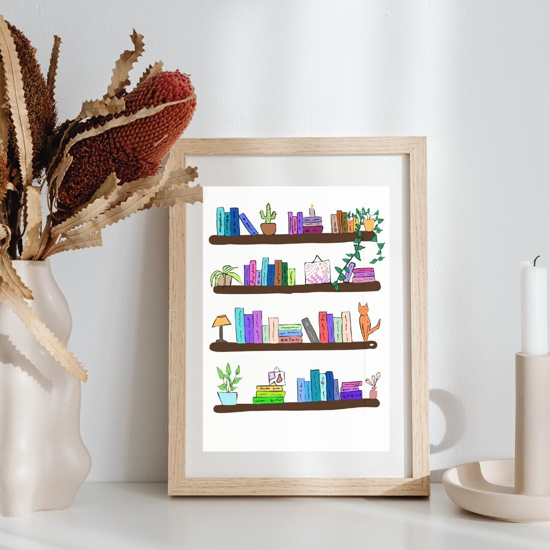 Bookshelf Art Print / Sticker Hand Drawn A6 Wall Decor Gifts for Her