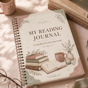 May include: A spiral-bound reading journal with a cream-colored cover featuring the text "MY READING JOURNAL" and "A cosy place for every story I read." The cover art displays a stack of books, an open book, a mug, and a candle with floral accents.
