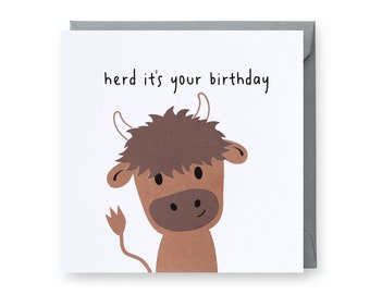 Herd it's your Birthday Card, Cow Birthday Card, Punny Birthday Card, Funny Birthday Card, Cute Cow Birthday Card