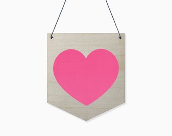 Neon Pink Heart Wooden Wall Hanging, Wooden Pennant, Door Hanging, Heart Wall Hanging, Bedroom Decor, Nursery Decor, Office Decor