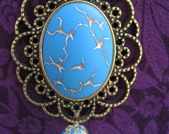 Magnetic Portuguese Knitting Pin Oval Gold tone metal Turquoise Gold flashes Knitting tool Knitting aid