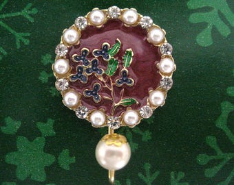 Magnetic Portuguese Knitting Pin Round Enamel Pearls Rhinestones Flowers Goldtone Metal Maroon Green Blue