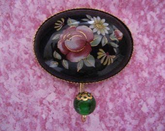 Magnetic Portuguese Knitting Pin Vintage style Oval Gold plated metal Black Mauve Green flowers