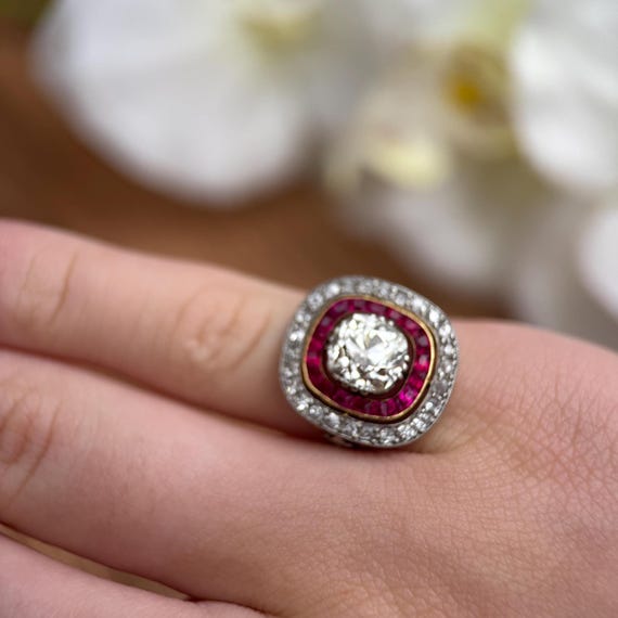 Antique Diamond and Ruby Ring- Platinum and 18K G… - image 4