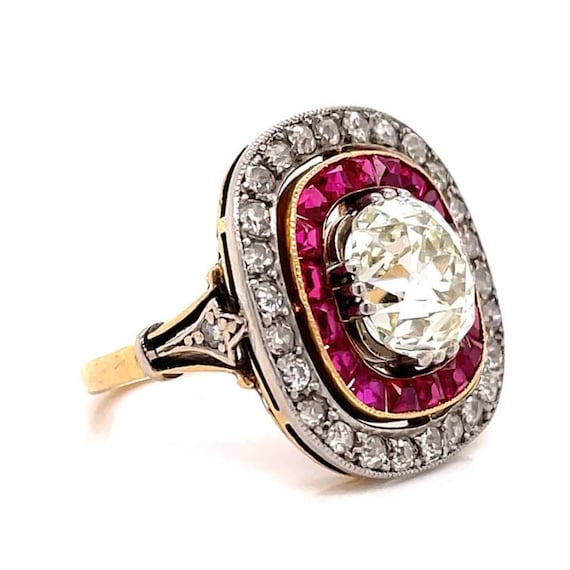 Antique Diamond and Ruby Ring- Platinum and 18K G… - image 2