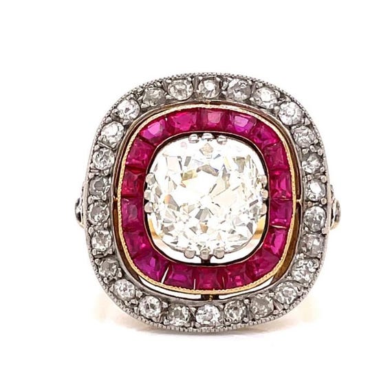 Antique Diamond and Ruby Ring- Platinum and 18K G… - image 1