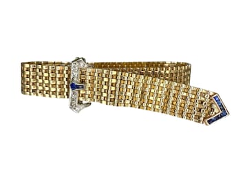 Vintage 14k Belt Bracelet with Diamond and Sapphire Buckle Clasp-Includes GIA Appraisal