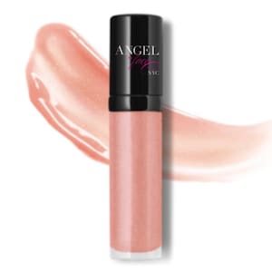 May include: A clear lip gloss tube with a black cap and a pink shimmery gloss inside. The tube is labelled "Angel Face NYC".