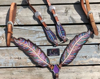 Feathers horse Set Headstall breast collar barrel purple bling bling