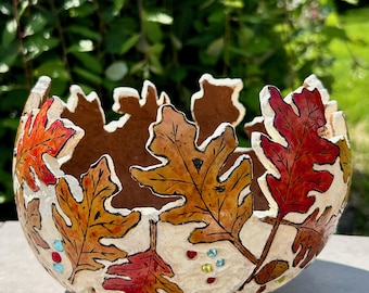 Pyrography Art Oak Leaf Bowl Gourd Highly Textured Carved Rim Warm White with rhinestone inlay