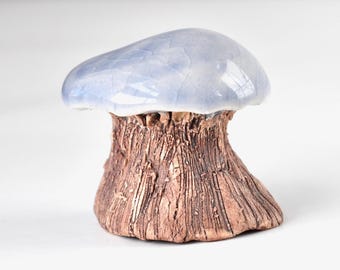 Handmade Glazed Ceramic Mushroom Figurine, Carved Forest Art