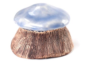 Handmade Glazed Ceramic Mushroom Figurine, Textured Carved Pattern