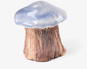 Handmade Glazed Ceramic Mushroom Figurine, Textured Carved Forest Art