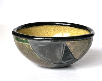 Handmade Raku Patchwork Metal Crackle Dish Modern Stylish Ceramic Art Decor
