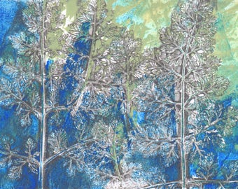 Handmade Monotype Print: Winter Trees, Matted 10x8