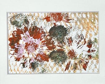 Original Handmade Art Monotype Impressionistic Floral Painting Unique Acrylic Print Abstract Design Matted Gift