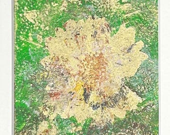 Yellow Floral Monotype Print, Impressionistic Acrylic Painting, Matted 5x7"