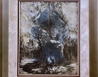 Framed Wolf Art: Handmade Aquatint Etching, Modern Home Decor (12x16)