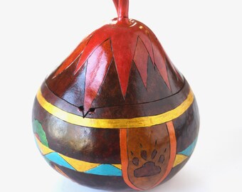 Handmade Lidded Jar Pear Gourd Art Reds Toffee Metallics Animal Nature Sun Mountain