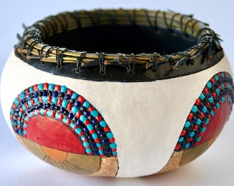 Handmade Gourd Art “Pine Rim” Bowl Gourd Original Home Decor Pyrography Faux Beading Painted Dyed Enamel Holiday Gift
