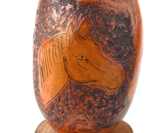 Handmade Pyrography Gourd Vase: "Horse & Saddle", Dyed Leather Art