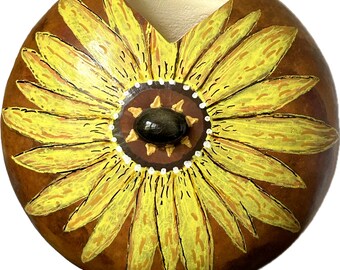 Black Eyed Susan Canteen Gourd; Pyrography, Black and Turquoise Stones, hand painted