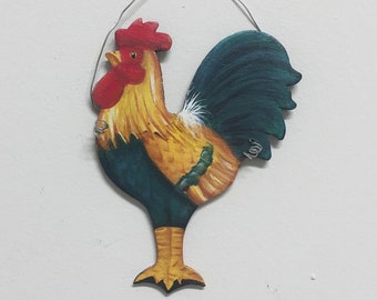 Acrylic Painted Rooster Ornament: Wood Chicken Wall Hanging