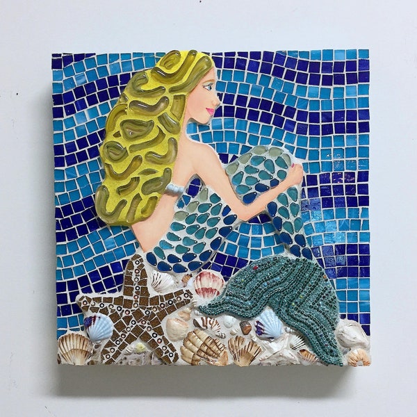 Mixed Media Mermaid Serena on the Ocean Floor with Seashells Mosaic Wall Hanging Sign, ready to swim in your beach house or sea themed room!