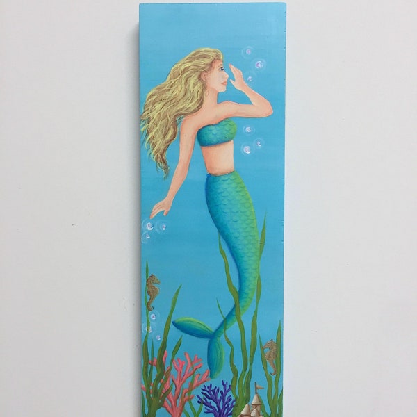 Andrina the Mermaid calling Seahorses Wall Hanging Sign, coral, sandcastle, seahorses and bubbles make a splash with this mermaid ocean art!