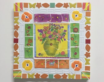 Colorful Ceramic Mosaic Flower Wall Art: Butterfly & Leaf Decor