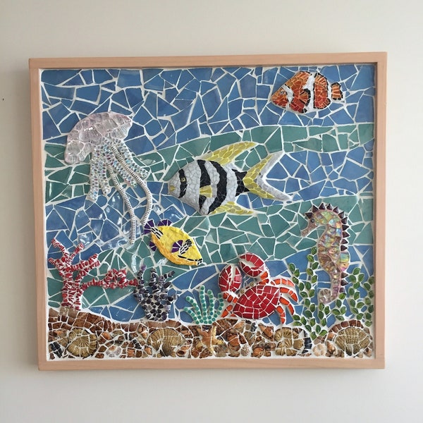 Life on the Ocean Floor Mosaic, this ocean floor holds a jellyfish, crab, seahorse, clown fish, angel fish, coral and much more!