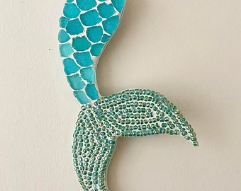 Sea Glass Mermaid Tail Mosaic Ornament Wall Hanging, teal sea glass, glass beads, beautiful beach house gift!