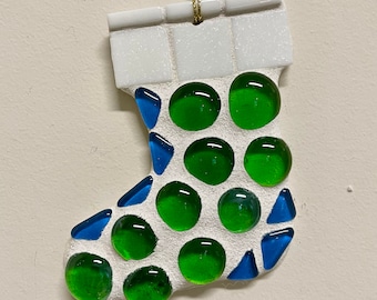 Charming Blue and Green Christmas Mosaic Stocking Ornament Wall Hanging. Add grace to your fireplace, tree or a perfect gift!